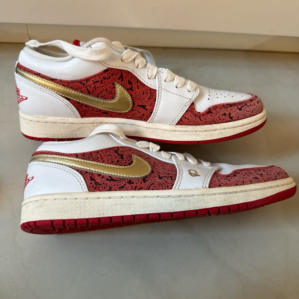 Nike White and Gold Sneakers with Red Accents